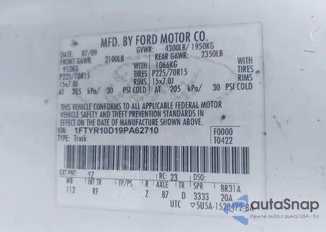 2009 Ford Ranger Sport/Xl/Xlt z USA, uszkodzony, nr VIN 1FTYR10D19PA62710